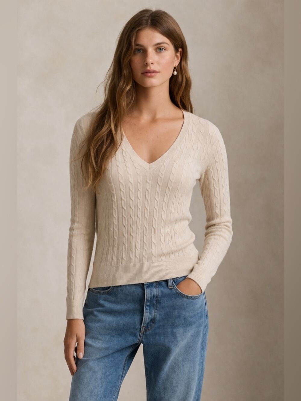 VTG J. Crew 100% Linen Cable Knit V-Neck Sweater Cream Luxury Heritage Size S